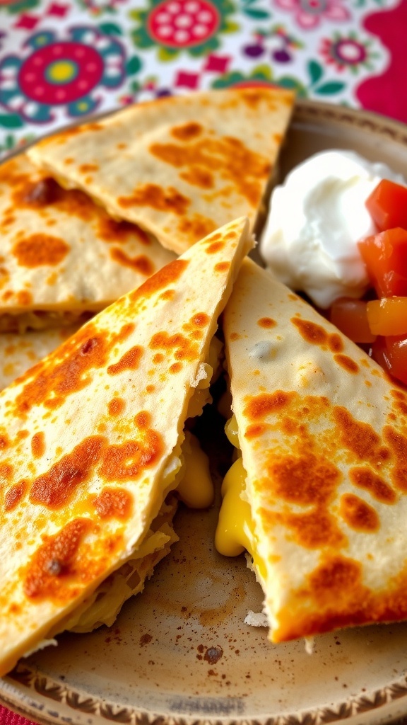 Cheesy quesadilla sliced into wedges with melted cheese, served with sour cream and salsa.